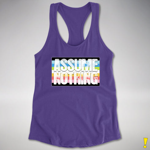 Assume Nothing Queer Pride Flag Racerback Tank - Purple